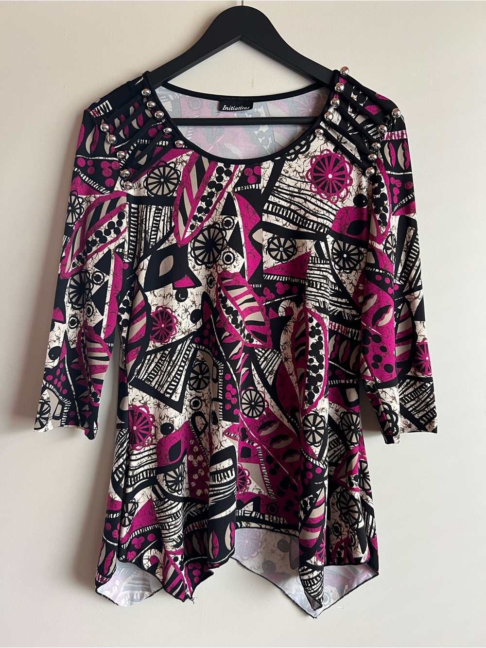 Initiatives Abstract Print Tunic Top Size Small PinkBlack Embellished 3/4 Sleeve